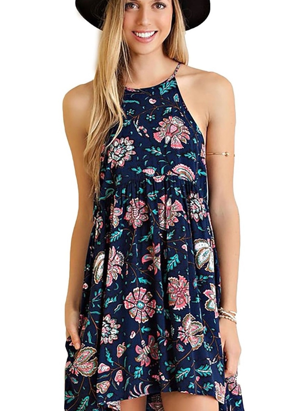 Floral Halter Swing Dress Summer in Navy women s m l